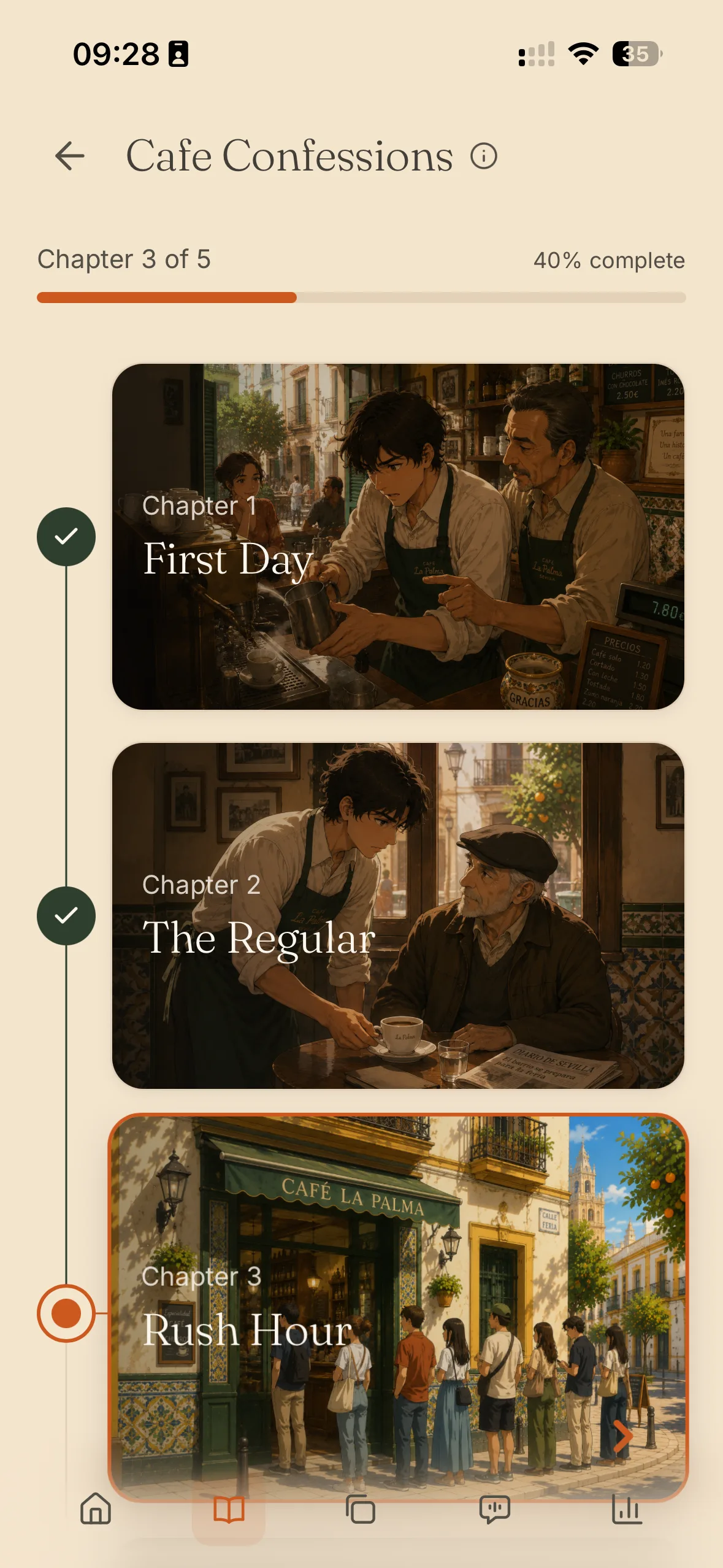 A story’s chapter path, three chapters along