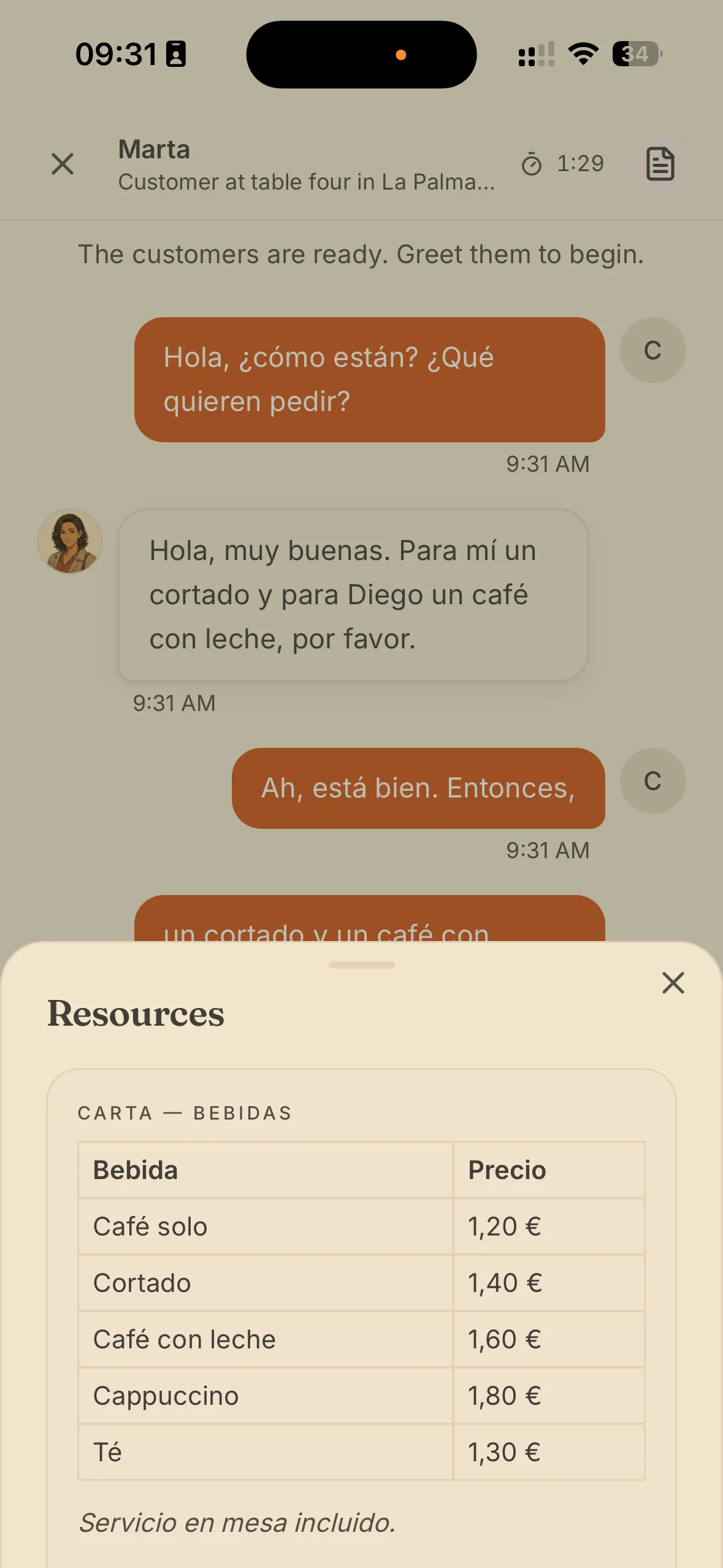 A learner taking a café order from a story character, with the menu open